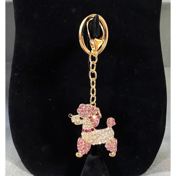 Poodle Rhinestone Charm Keychain Key Holder Pink White Gold Tone Metal New - Picture 8 of 11